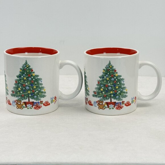 Set Of 2 Vintage Christmas Tree Mugs Himark Japan 12 oz White Red Ceramic Coffee - Picture 3 of 11
